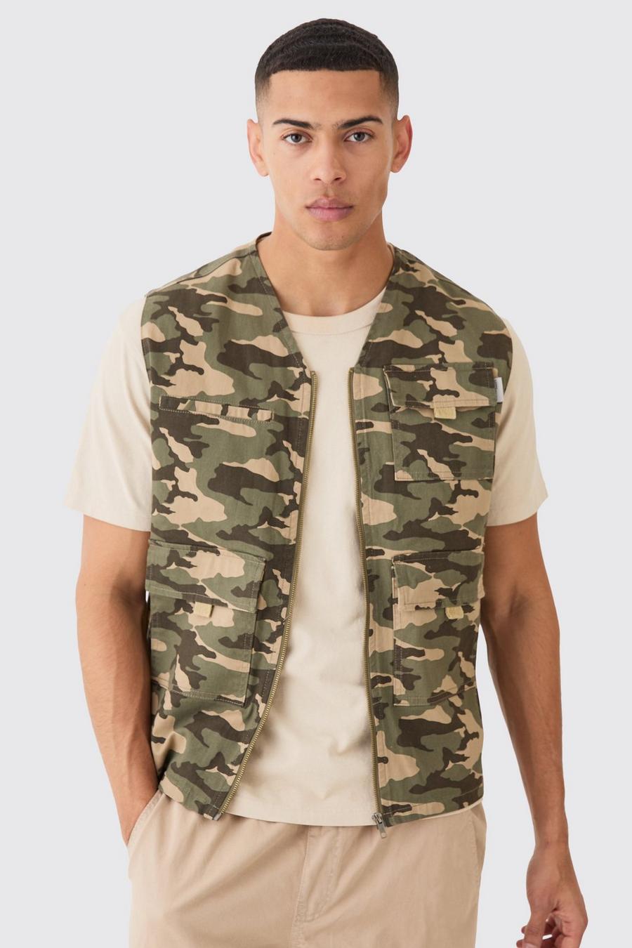 Top sin mangas utilitario de sarga con estampado de camuflaje, Green