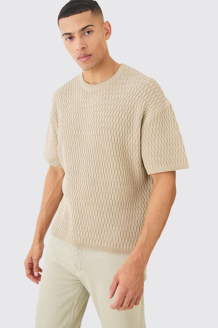 Stone Oversized Textured Open Knit T-shirt image number 1