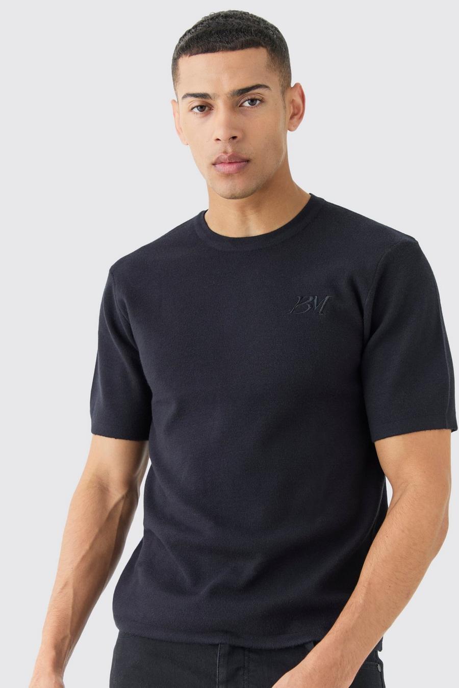 Black Regular Fit Man Branded Knitted T-shirt