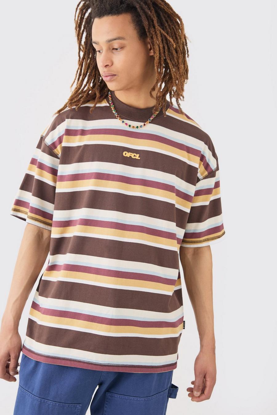 Camiseta oversize Ofcl con estampado de rayas gruesas, Brown