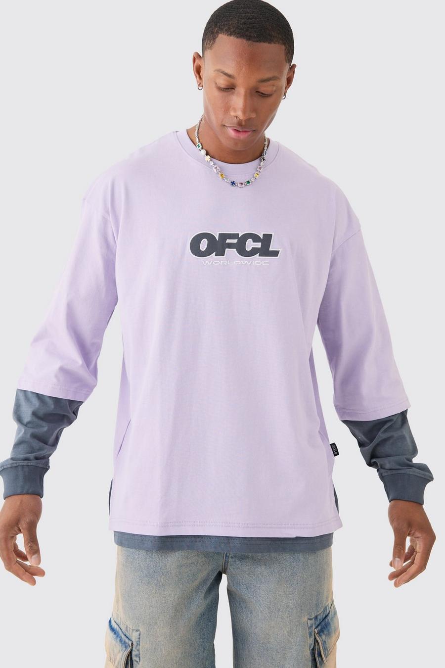 T-shirt oversize slavata pesante OFCL con finto doppio livello, Lilac image number 1