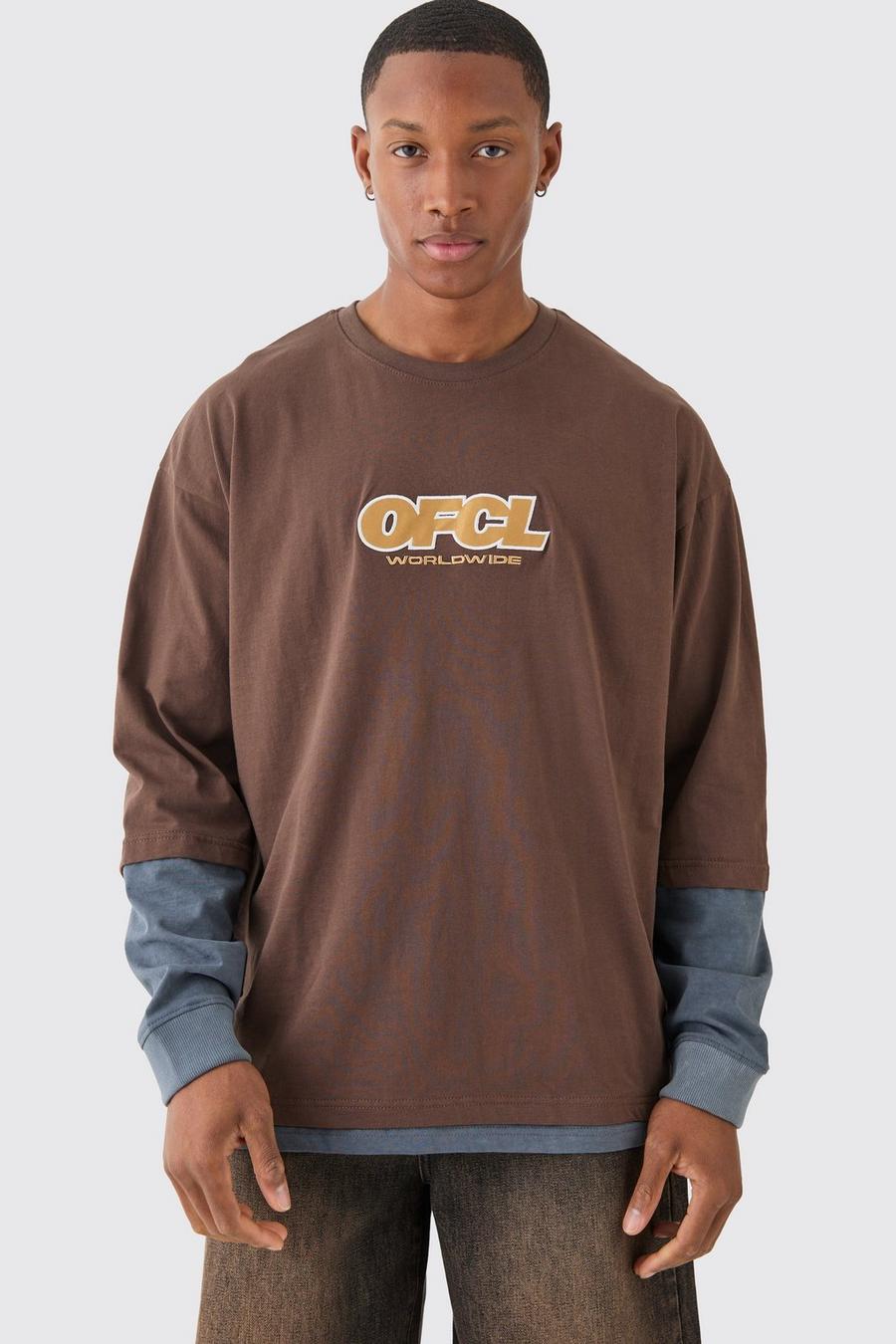 T-shirt oversize slavata pesante OFCL con finto doppio livello, Chocolate image number 1