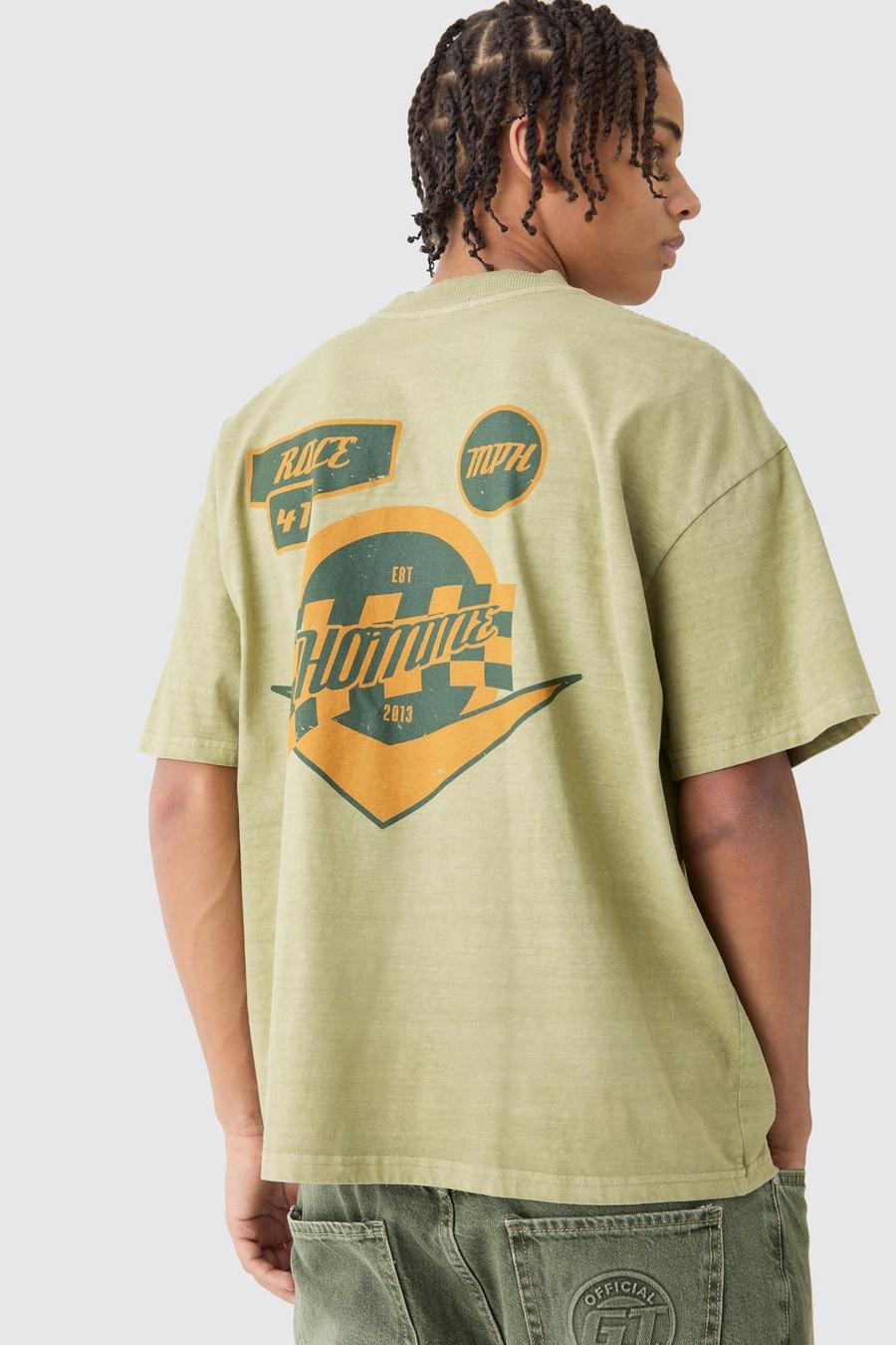 Camiseta recta gruesa sobreteñida con estampado de motociclismo, Sage image number 1