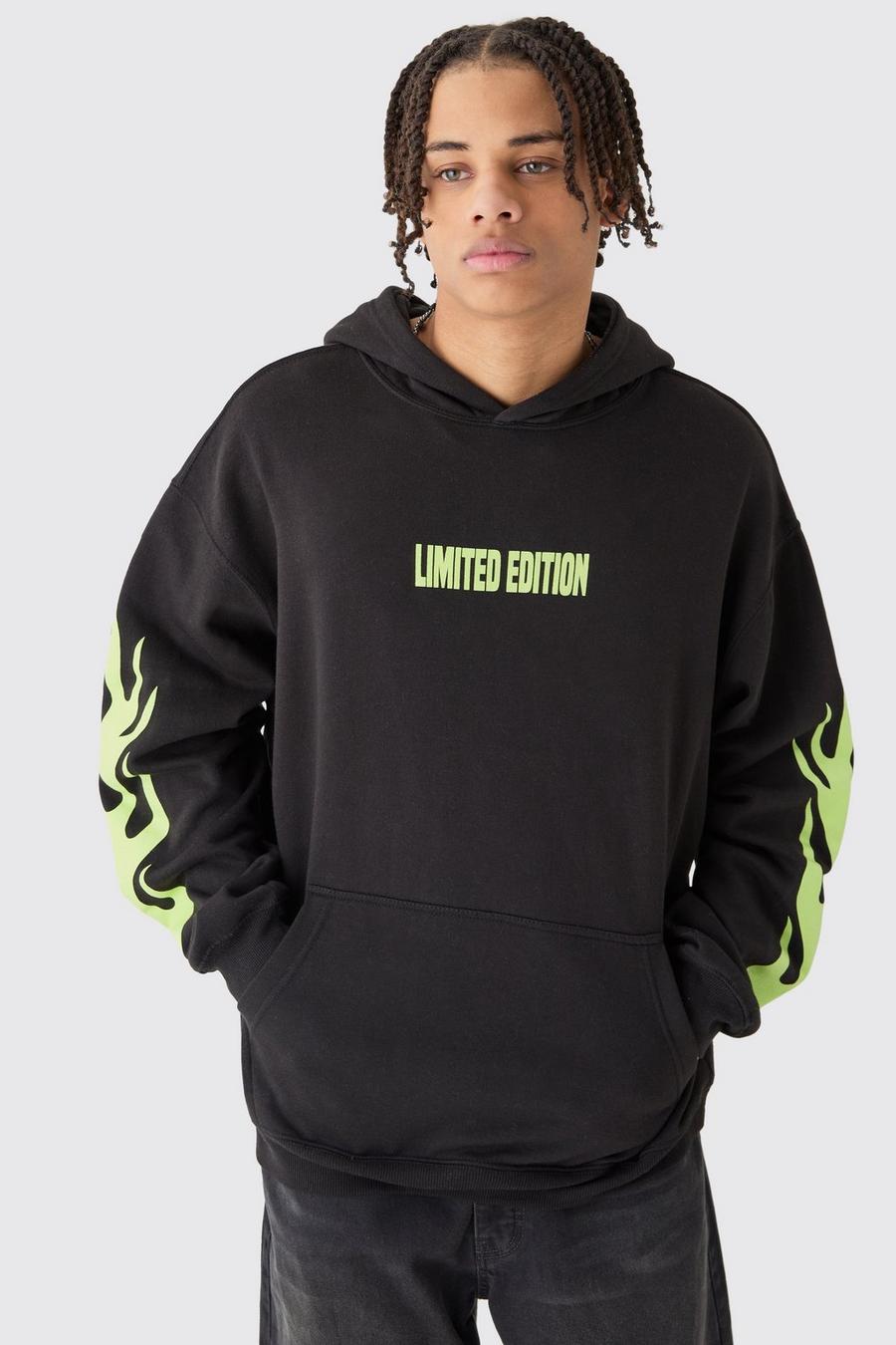 Sudadera oversize Limited Edition con capucha y estampado de llamas, Black