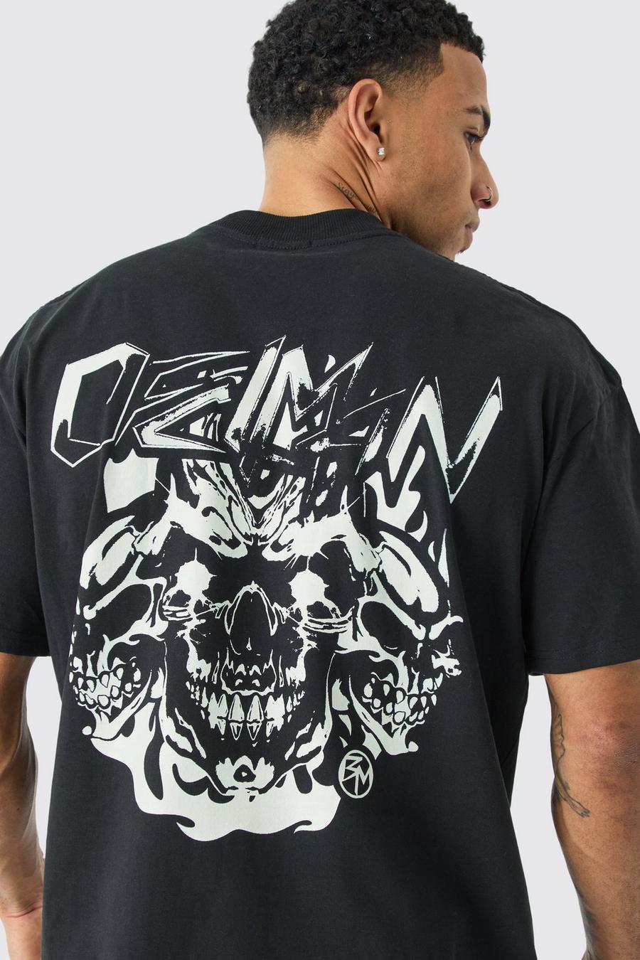 Black Oversized Heavyweight Skull Graphic T-shirt  image number 1