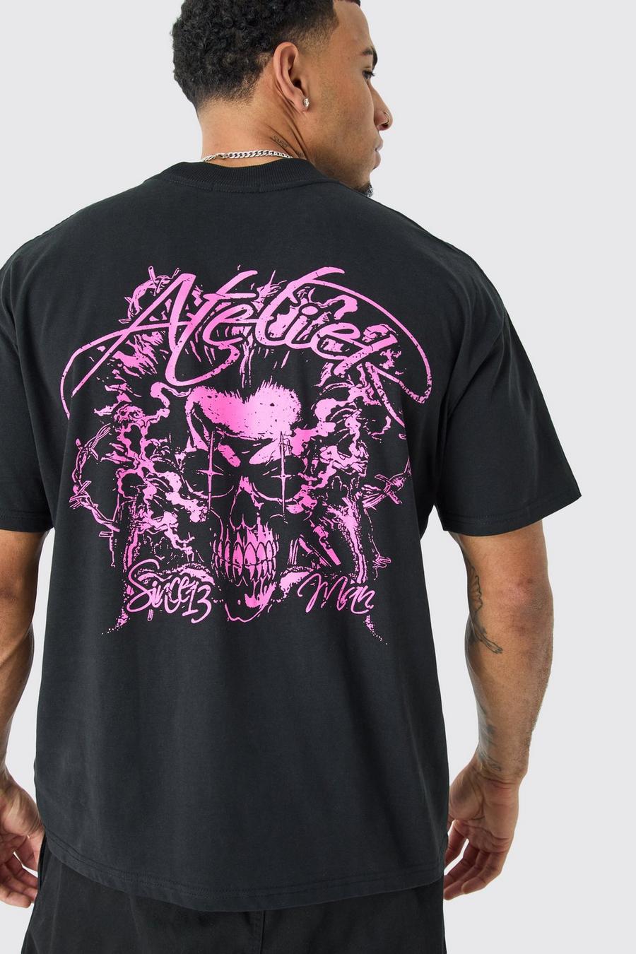 Black Oversized Heavyweight Skull Graphic T-shirt  image number 1