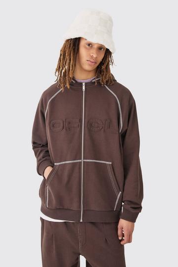 Oversized Heavyweight Contrast Stitch OFCL Applique Zip Thru Hoodie chocolate