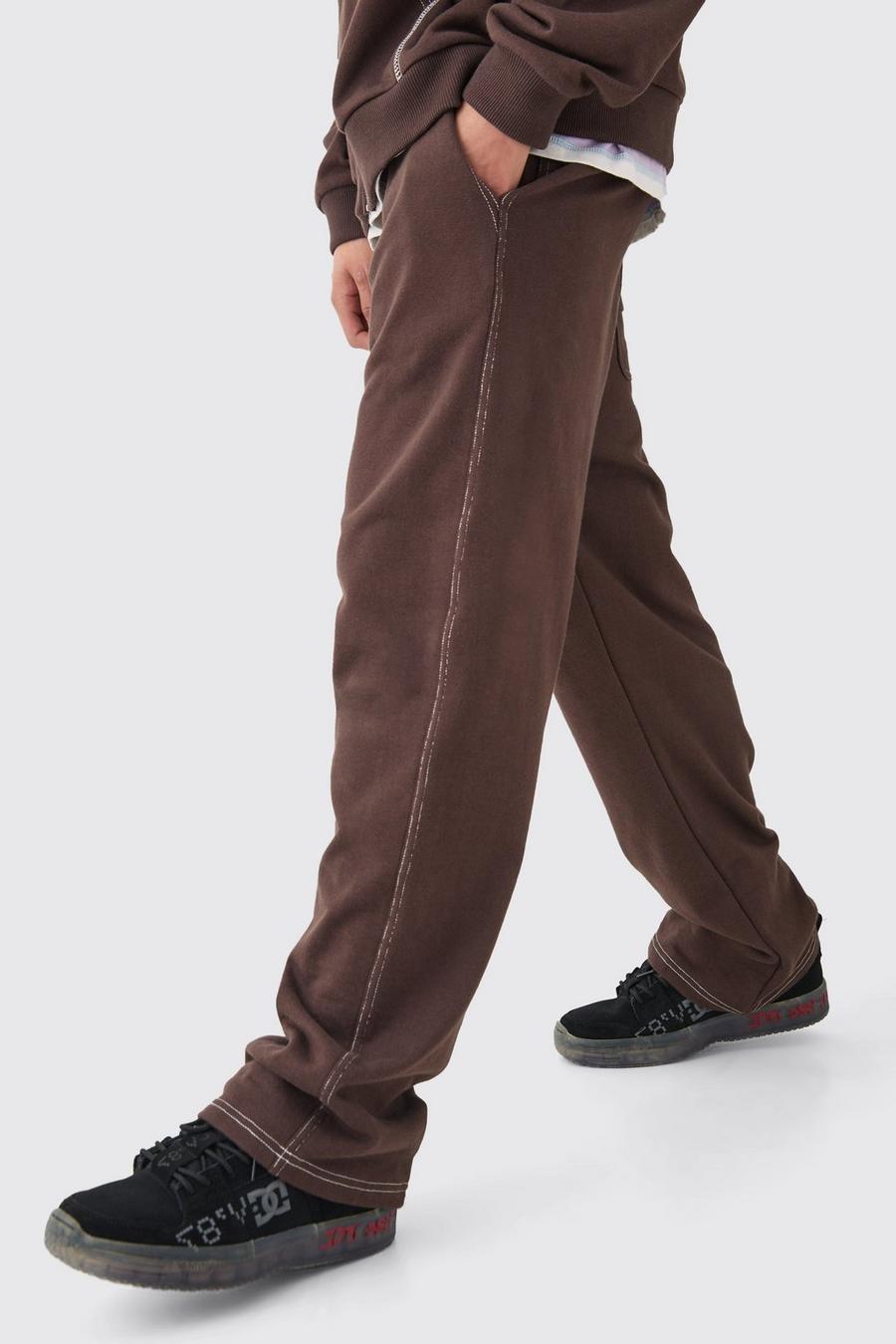 Pantaloni tuta rilassati pesanti con cuciture a contrasto, Chocolate image number 1
