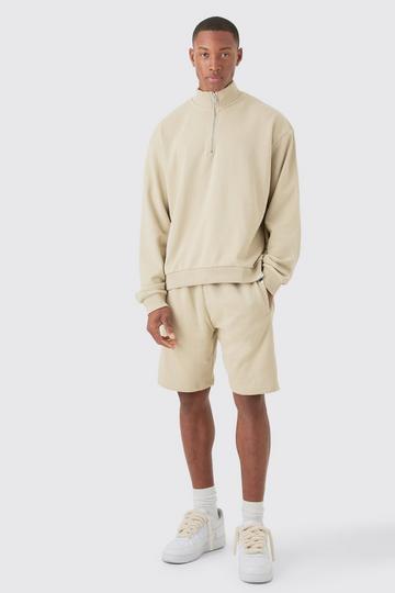 Oversized Boxy 1/4 Zip Sweatshirt Loopback Short Tracksuit stone