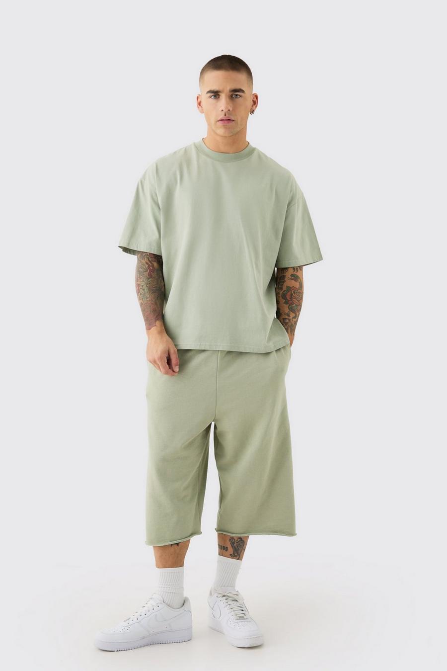 Set T-shirt squadrata oversize con girocollo esteso & pantaloncini, Sage