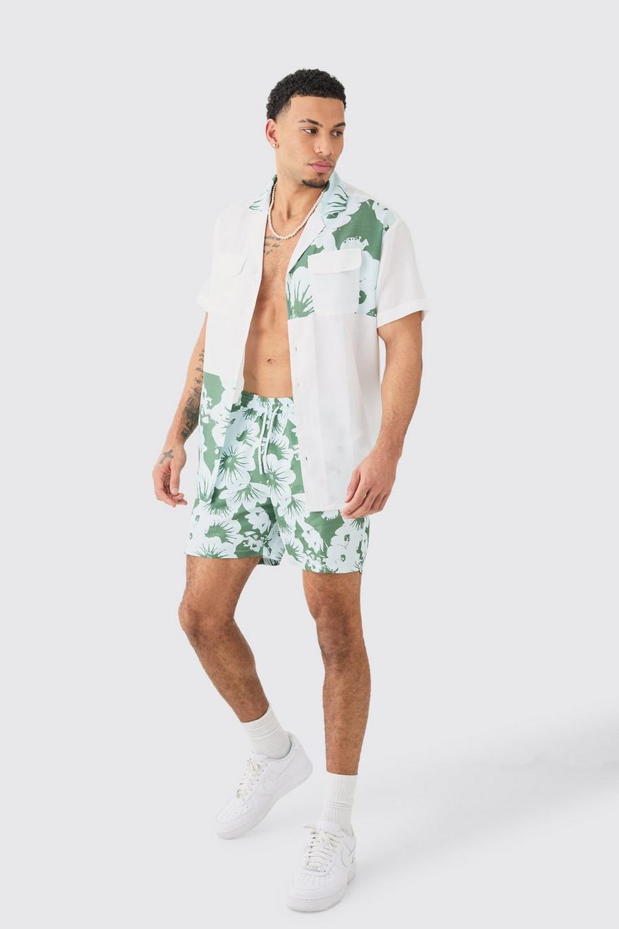 Oversize Hemd und Badehose mit Print, Khaki