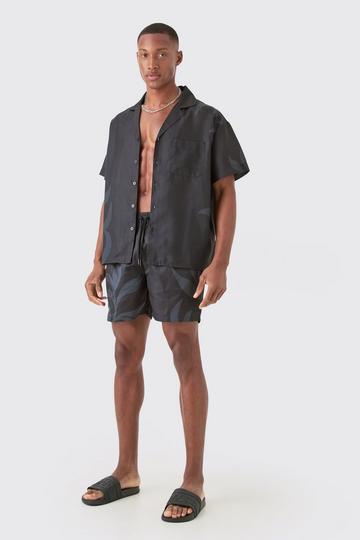 Black Boxy Printed Shirt And Swim Short Set