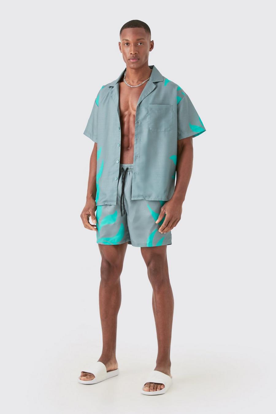 Grey Boxy Printed Shirt And Swim Short Set