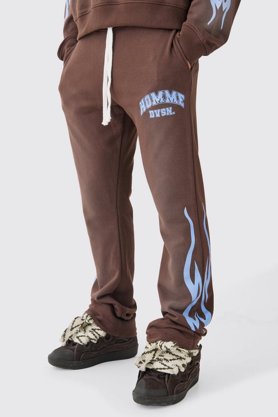 Pantaloni tuta a zampa Slim Fit in lavaggio spray Homme con pieghe sul fondo, Chocolate