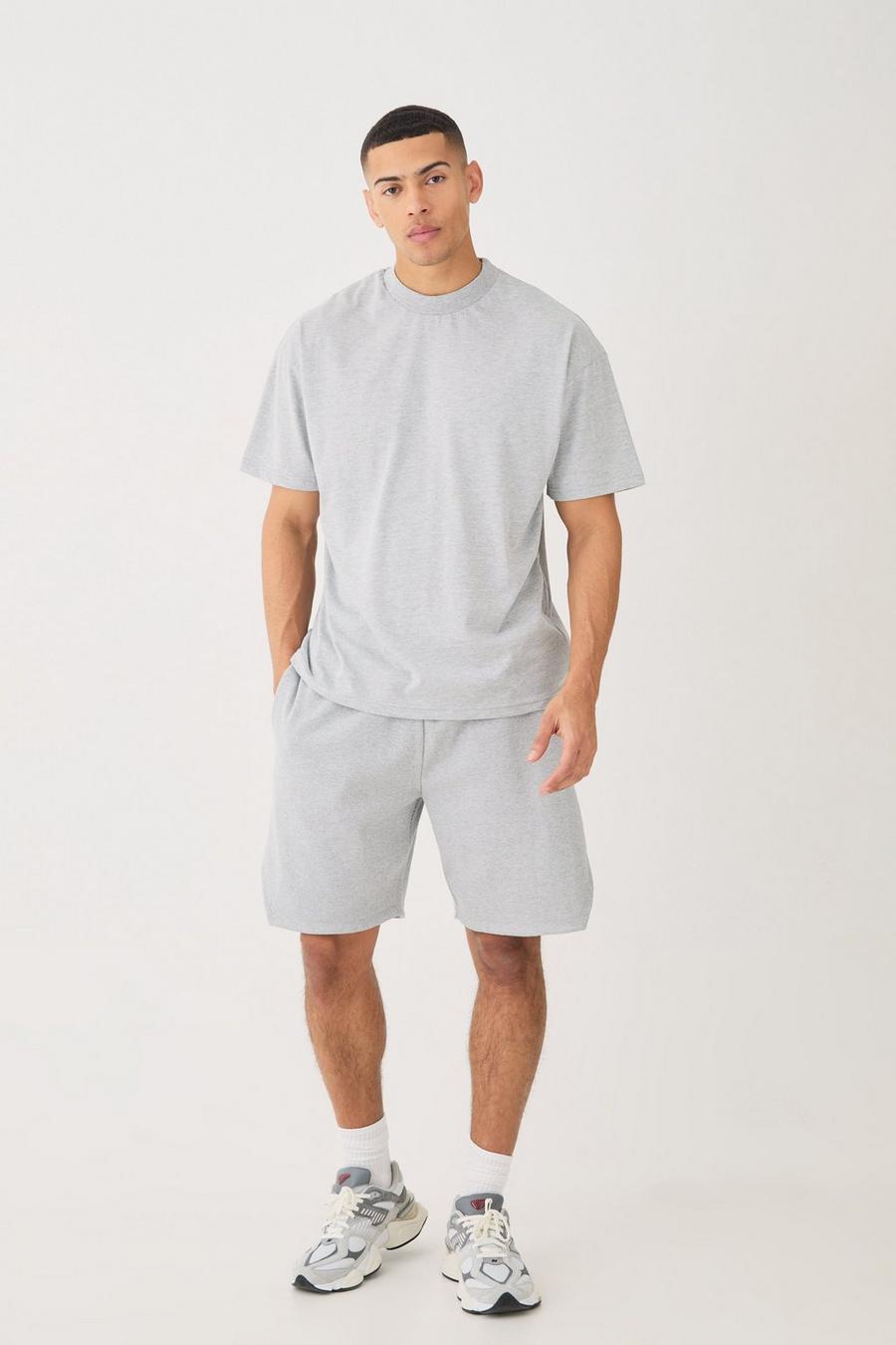 Set T-shirt pesante oversize & pantaloncini a coste, Grey marl