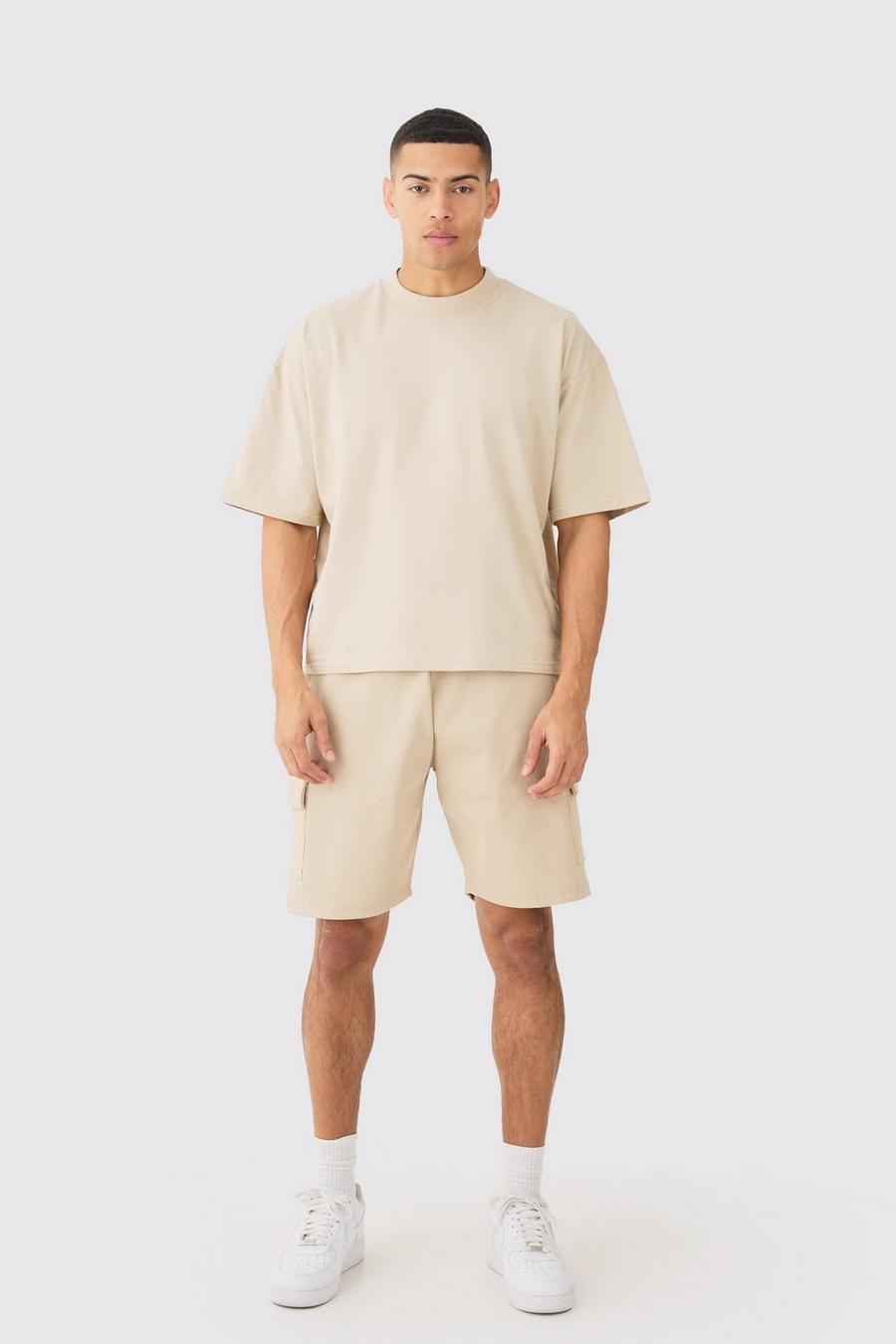 Kastiges Oversize T-Shirt & gerippte Cargo-Shorts, Stone image number 1
