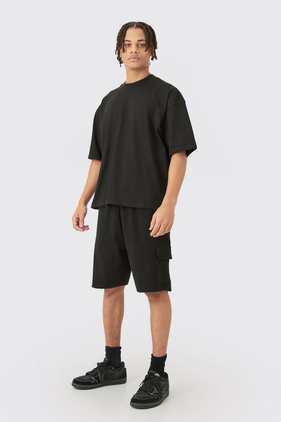 Black Oversized Boxy Heavyweight T-shirt & Ribbed Cargo Shorts Set image number 1