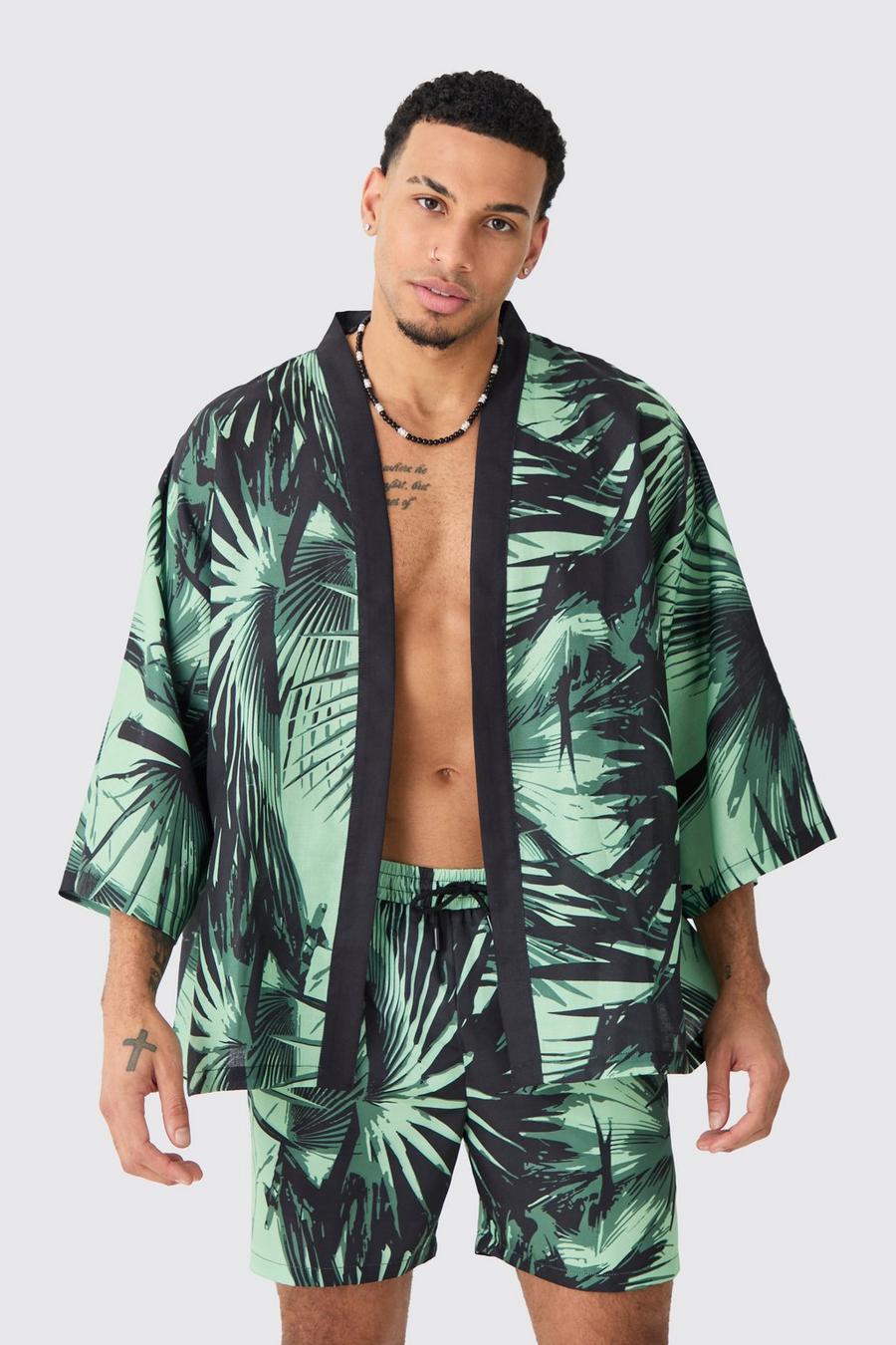 Sage Oversized Printed Kimono Shirt And Swim Short Set image number 1