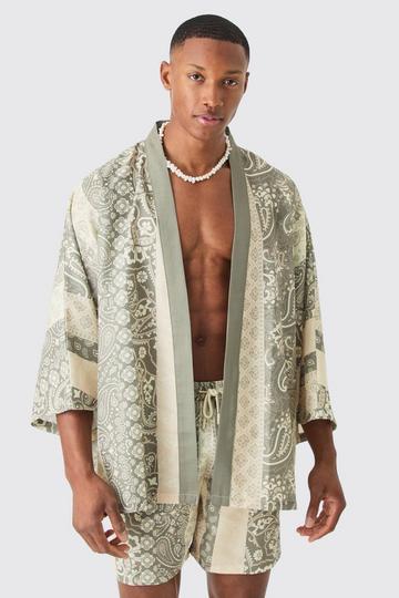 Oversized Printed Kimono Shirt And Swim Short Set grey