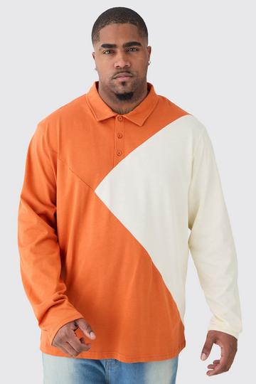 Plus Colour Block Long Sleeve Polo rust