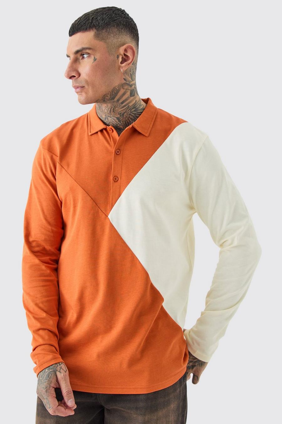 Rust orange Tall Colour Block Long Sleeve Polo