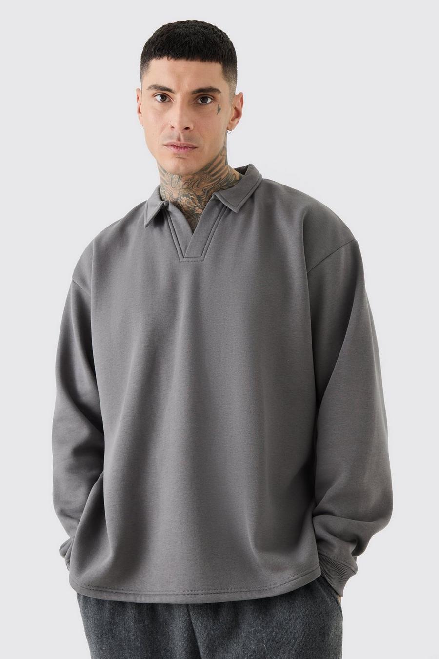 Charcoal Tall Oversized Revere Rugby Sweatshirt Polo  image number 1