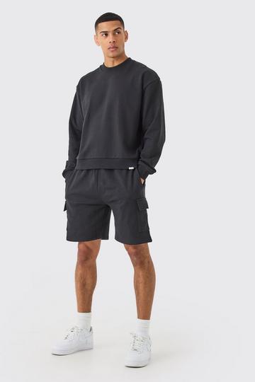 Black Oversized Heavy Sweatshirt Short Cargo Tracksuit