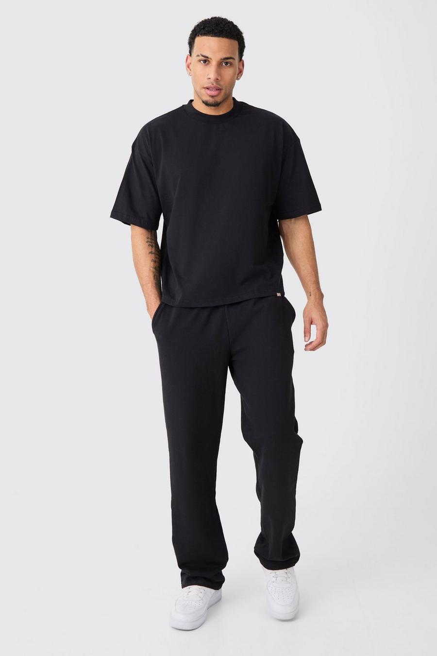 Set T-shirt squadrata oversize con girocollo esteso & pantaloni tuta, Black