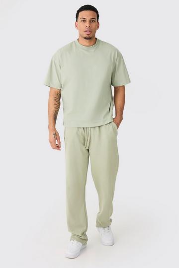 Sage Green Oversized Extended Neck Boxy Heavy Tee And Jogger Set