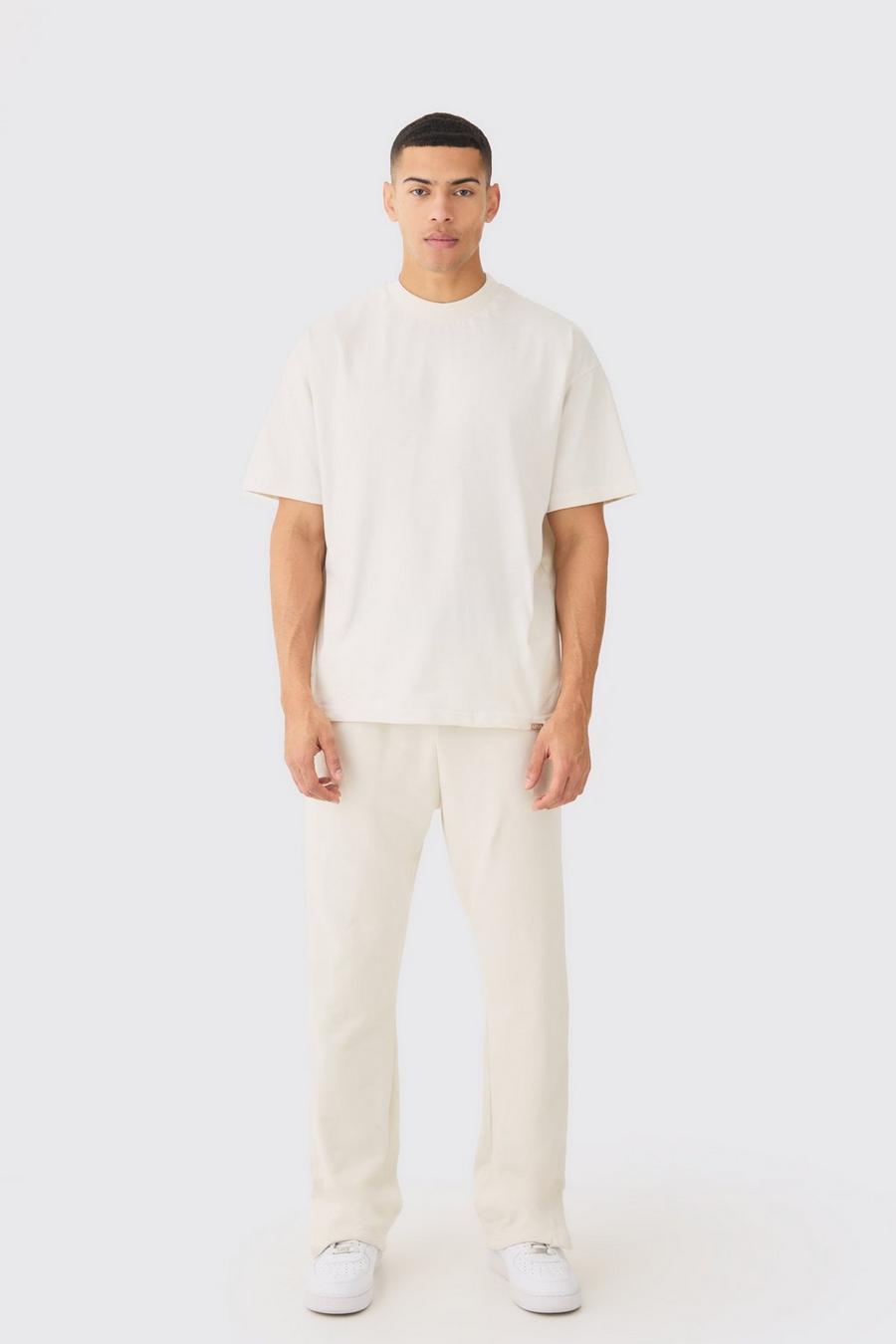 Set T-shirt oversize con girocollo esteso & pantaloni tuta, Ecru image number 1
