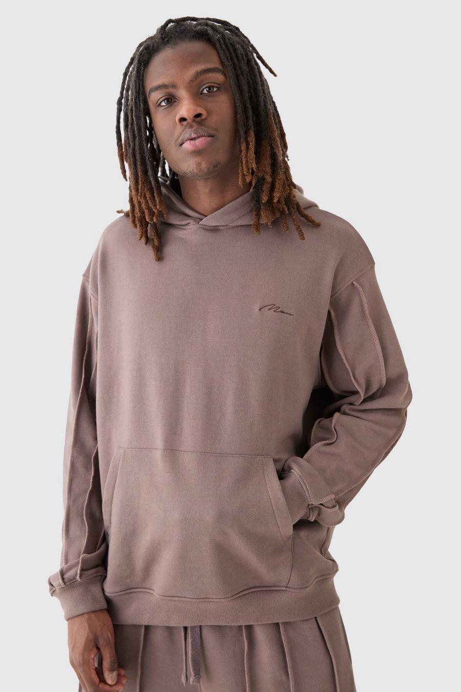 Taupe Oversized Raw Seam Man Signature Embroidered Hoodie image number 1