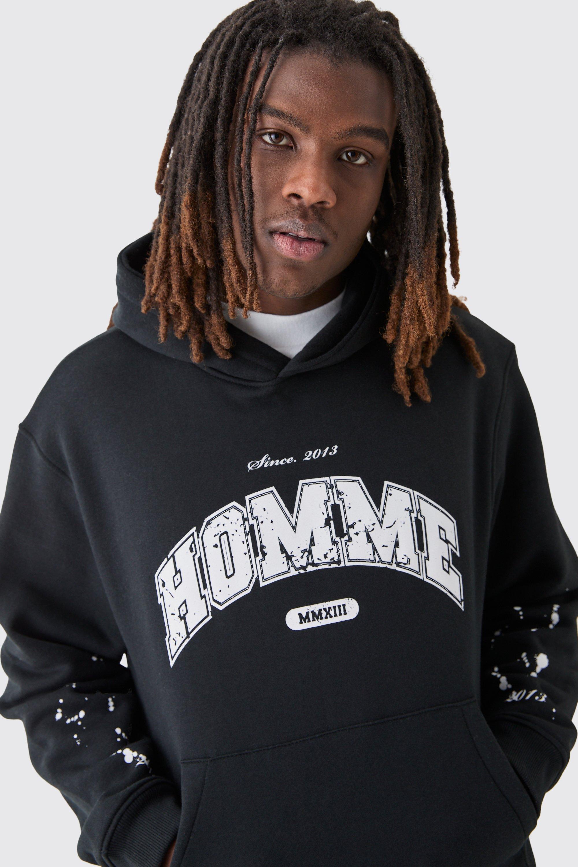 Oversized Boxy Homme Paint Splat Hoodie boohoo UK