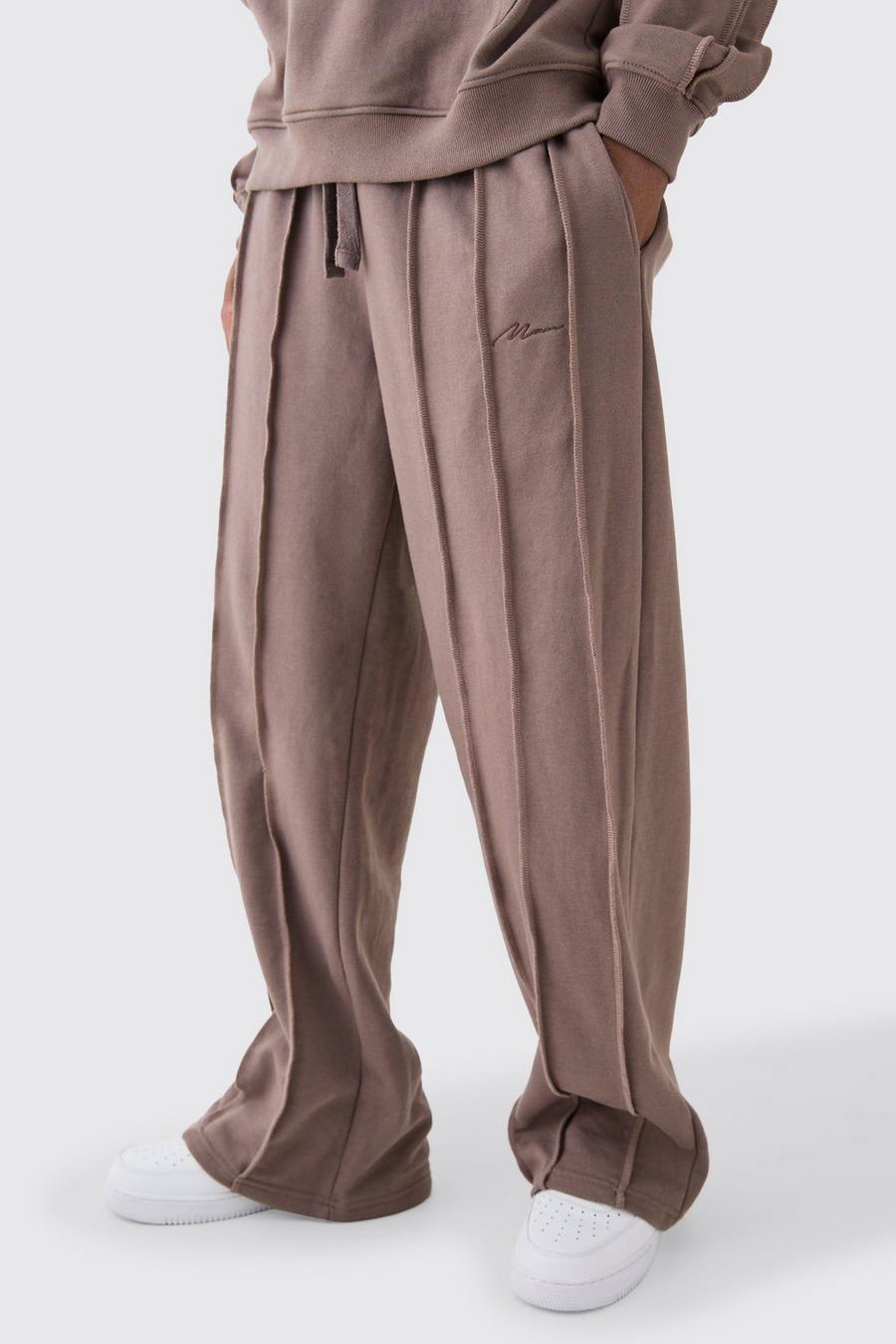 Taupe Wide Leg Raw Seam Man Embroidered Joggers image number 1