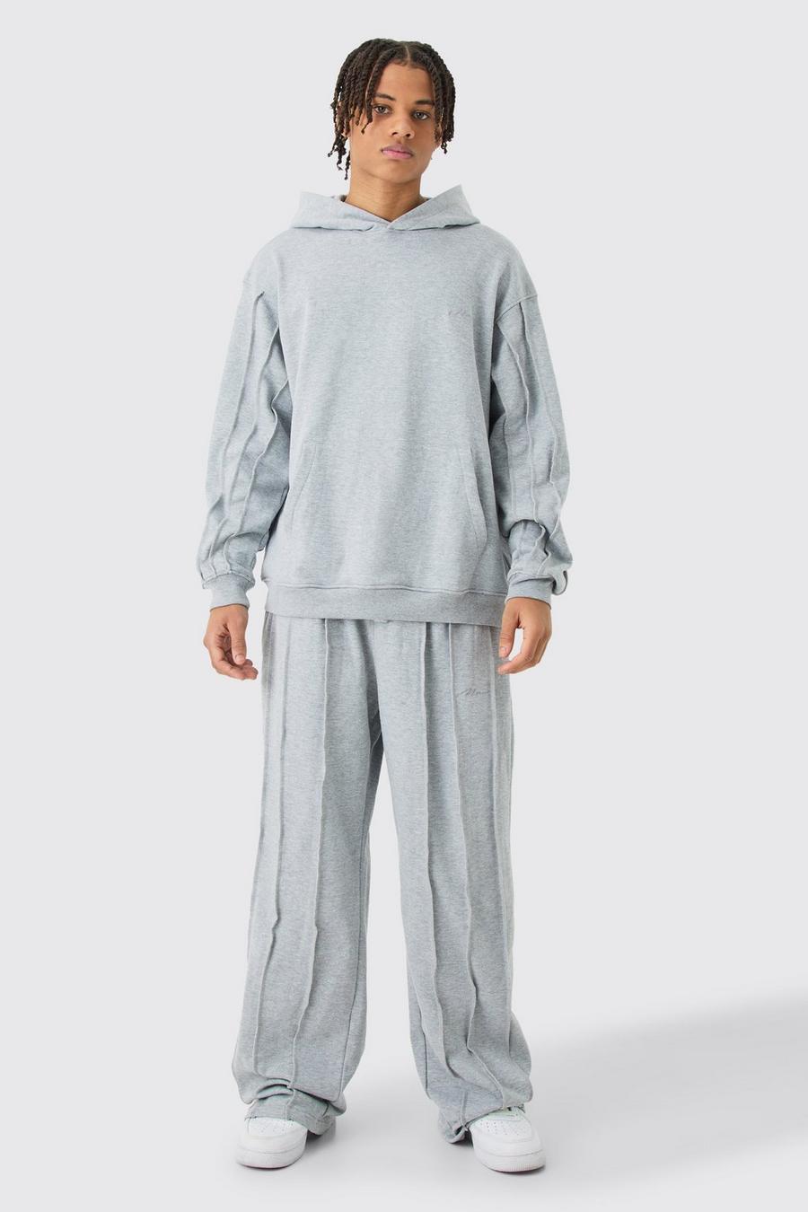 Grey marl Oversized Raw Seam Man Sig Embroidered Hooded Tracksuit image number 1