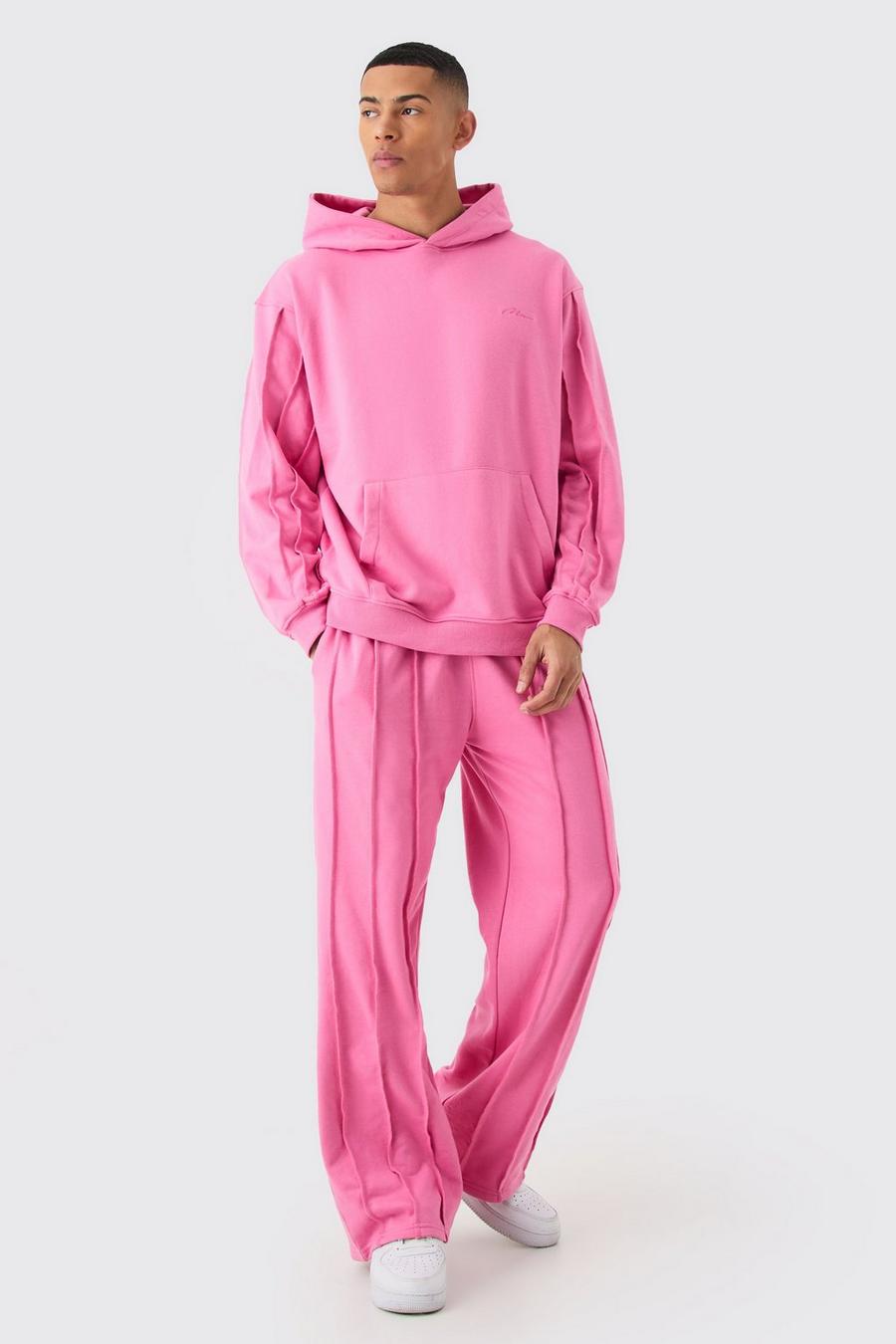 Pink Oversized Raw Seam Man Sig Embroidered Hooded Tracksuit image number 1