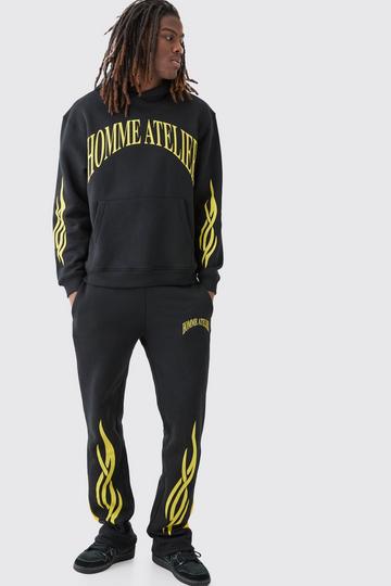 Oversized Homme Bm Printed Hooded Tracksuit black