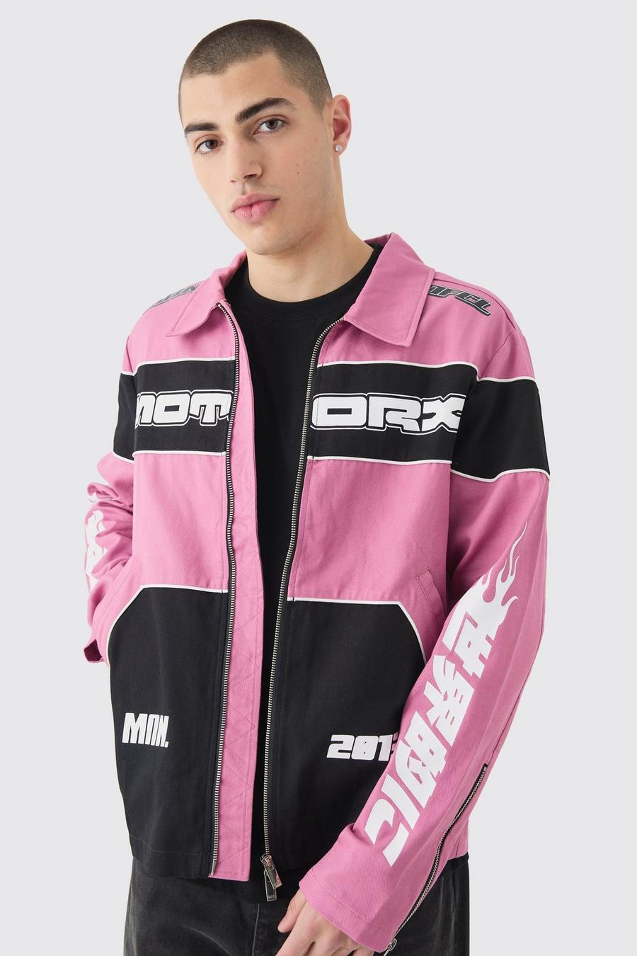 Pink Collared Twill Moto Jacket