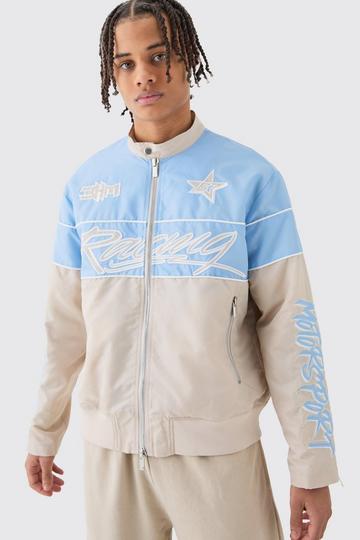 Blue Boxy Nylon Collarless Moto Jacket