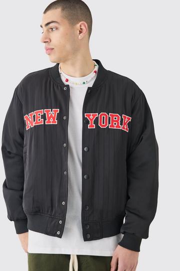 Official Satin Pinstripe Varsity Bomber Jacket black