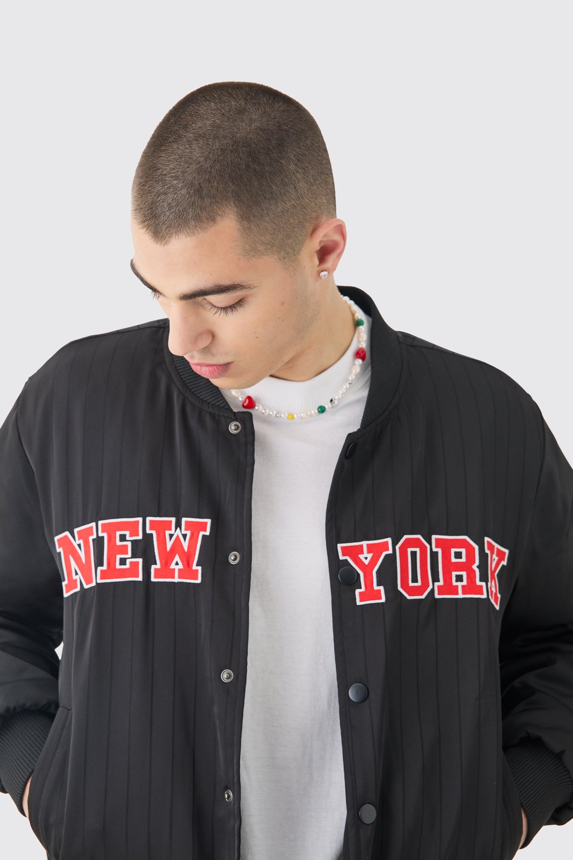 Pinstripe varsity jacket on sale