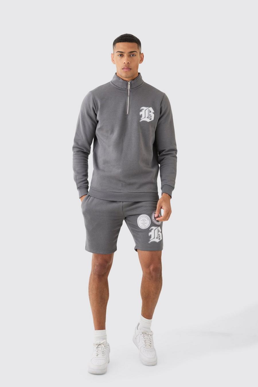 Charcoal B Träningsoverall med shorts och hög krage image number 1