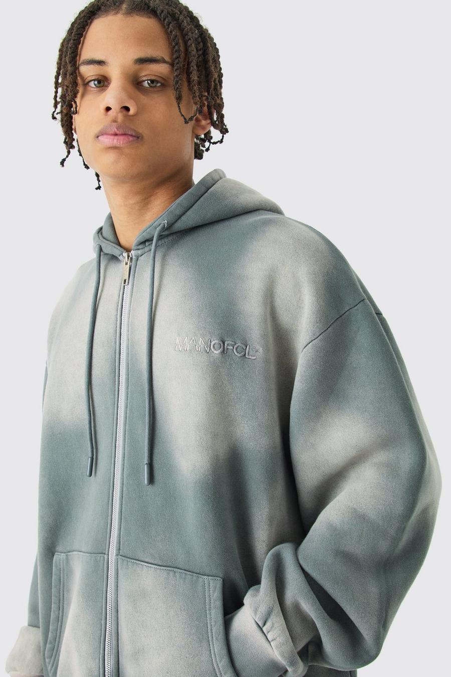 Grey MAN Oversize hoodie med blekt effekt och dragkedja image number 1