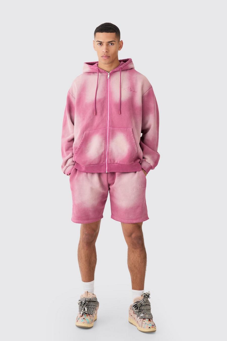 Pink Man Oversized Sun Bleach Zip Through Hooded Short Tracksuit image number 1