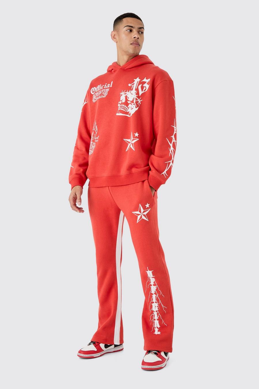 Red Oversized Graffiti Hoodie Tracksuit image number 1