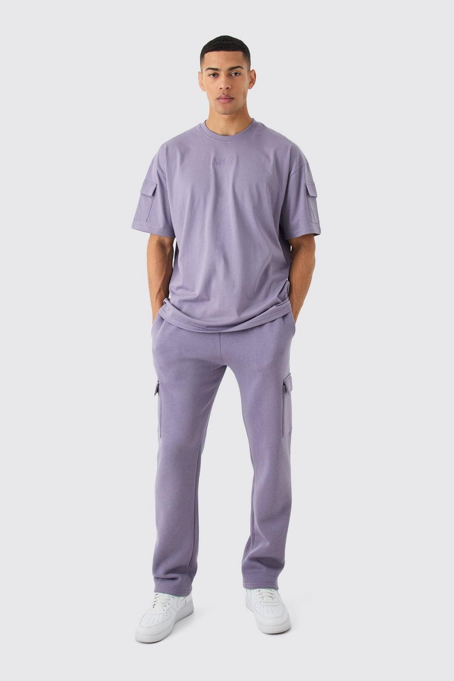 Man Roman Oversized Cargo T-shirt And Jogger Set, Purple