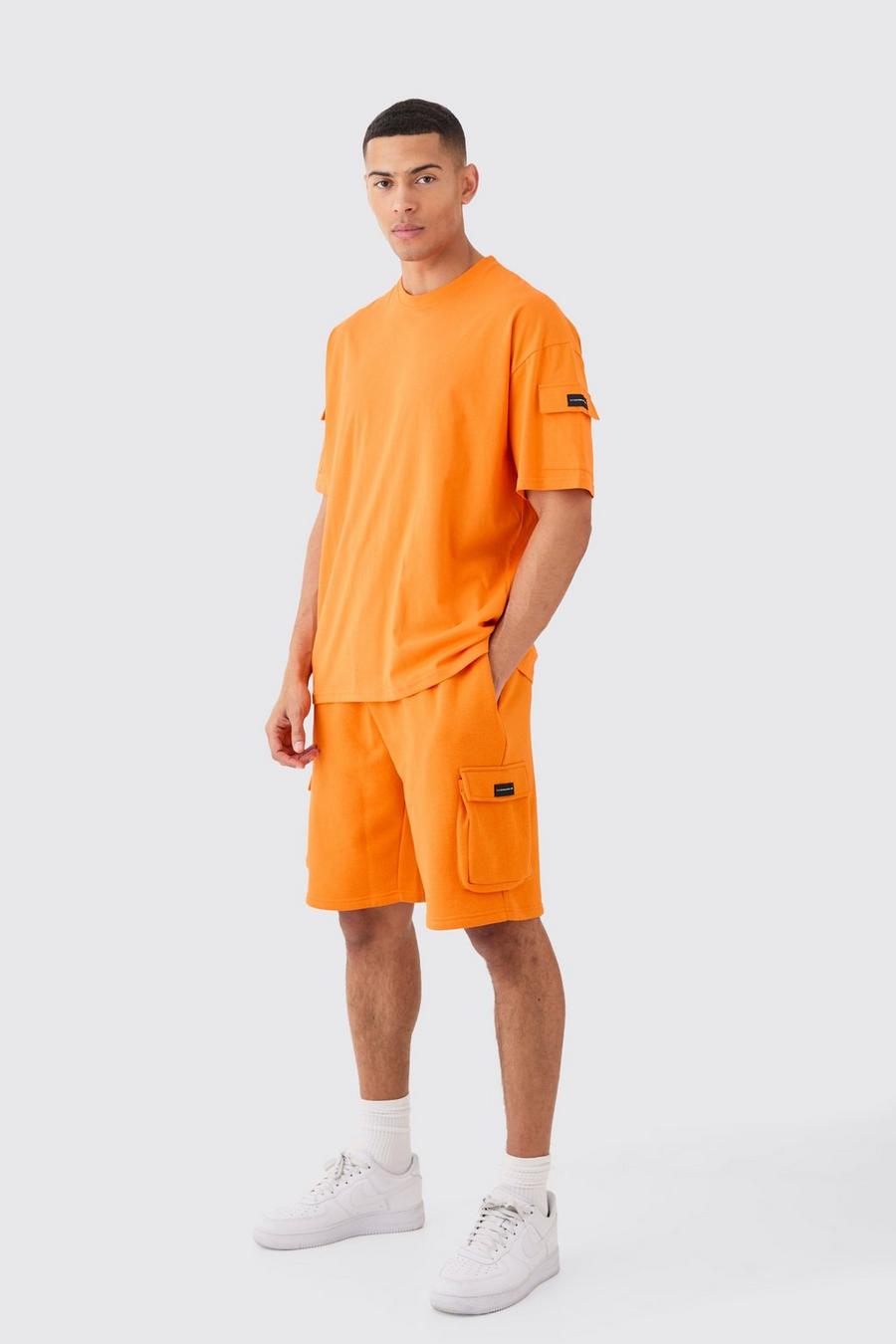 Orange Man Oversized Cargo T-Shirt En Baggy Shorts Set