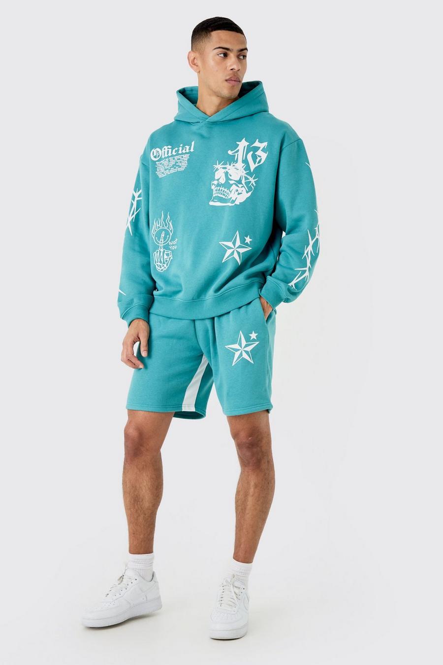 Slate blue Oversize hoodie och shorts med graffititryck image number 1