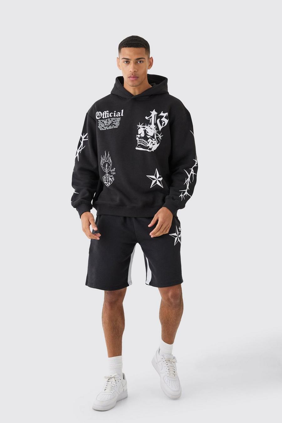 Black Oversize hoodie och shorts med graffititryck image number 1