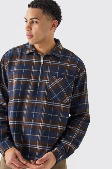 Quarter Zip Brushed Check Shirt blue