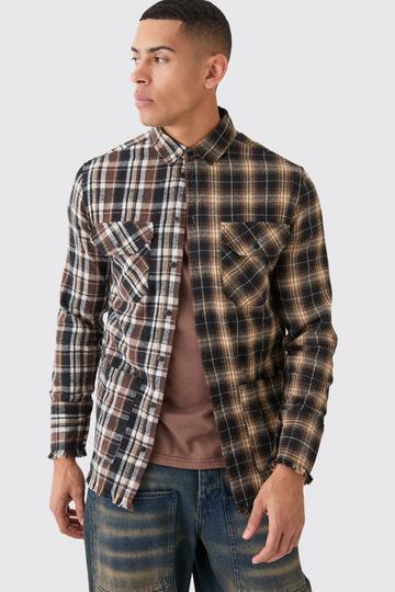 Brown Spliced Frayed Flannel Shirt